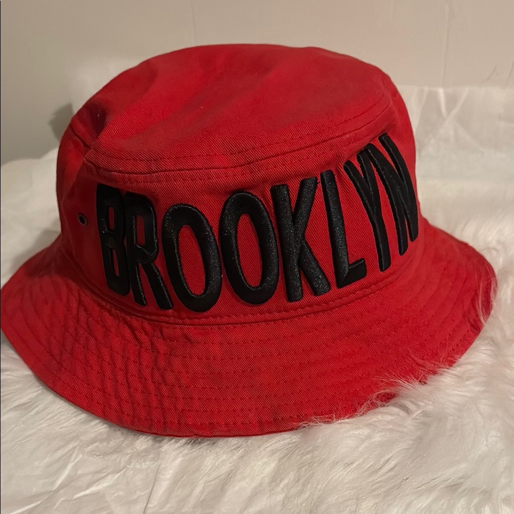 Red Bucket Hat with Black Brooklyn Embroidery